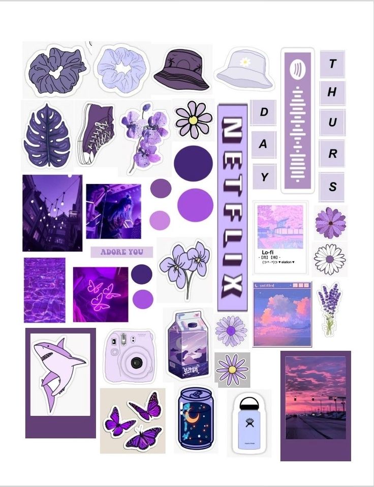 a collage of purple and white items with the words pretty written on them,