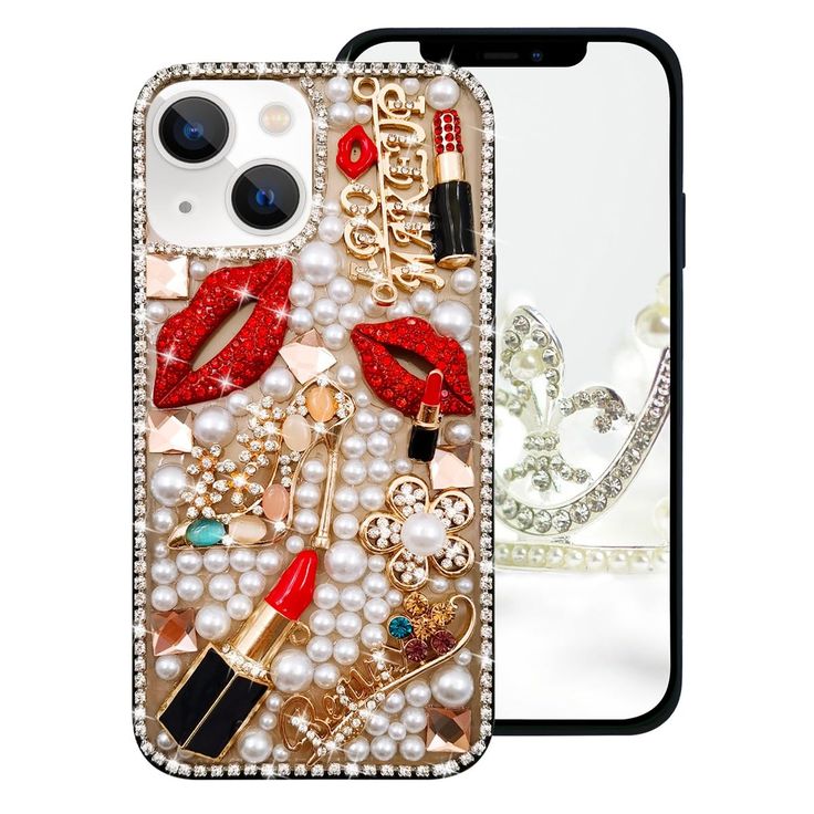 an iphone case with pearls, lipstick and other accessories on it's back cover