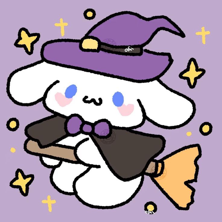 a drawing of a rabbit holding a broom and wearing a purple hat with stars around it