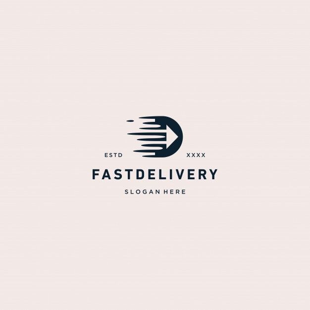 the fast delivery logo is shown in black and white, with an arrow pointing to it