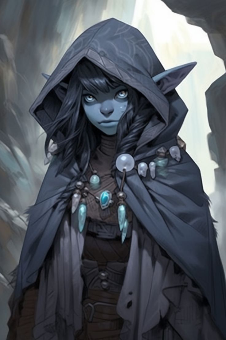 a woman with blue eyes wearing a black cloak