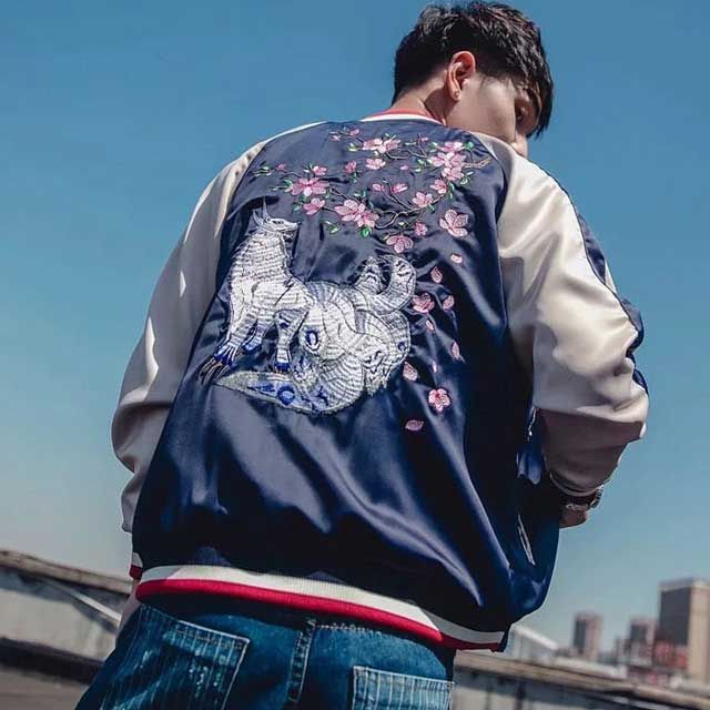 Reversible Anime Sukajan | Eiyo Kimono Nine Tails, Sukajan Jacket, Embroidery Jacket, Fox Embroidery, Souvenir Jacket, Blue Anime, Casual Outerwear, Red Interior, Kimono Cardigan