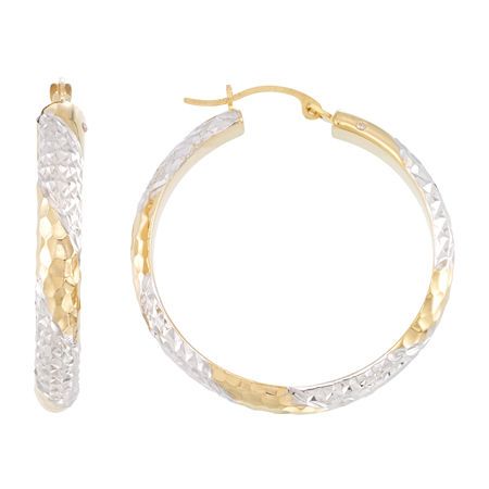 # Pieces In Set: 1 PairFeatures: Quick ShipEarring Back: HingedMetal Color: Two ToneEarring Length: 30.7mmEarring Width: 28.1mmCare: Wipe CleanEarrings Style: Hoop EarringsMetal: 14k Gold Over Diamond ResinCountry of Origin: Imported White Diamond Cut Hoop Jewelry, White Diamond Cut Hoop Earrings As Gift, White Diamond Cut Small Hoop Earrings, Gift White Diamond Cut Hoop Earrings, Gift Diamond Cut White Hoop Earrings, White 14k Gold Round Hoop Earrings, White Small Hoop Diamond Cut Earrings, White Tarnish Resistant Hoop Earrings For Anniversary, White Tarnish-resistant Hoop Earrings For Anniversary