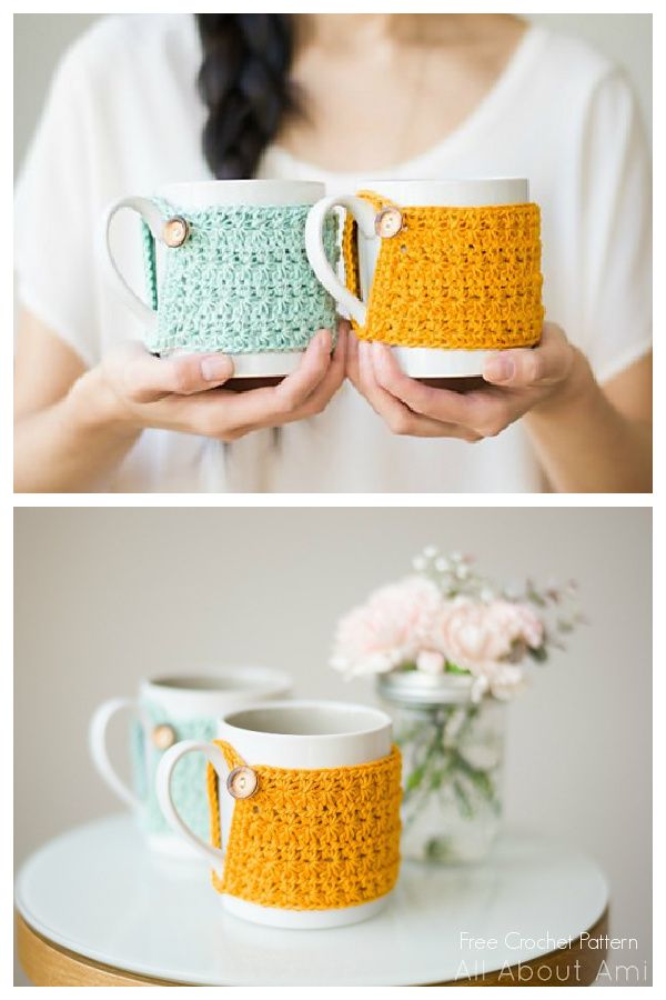 two mugs that are sitting next to each other on top of a white table