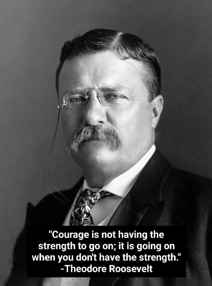 a man in a suit and tie with a quote from theodore roosevelt on the topic courage is not having the strength to go on, it is going on when you don't