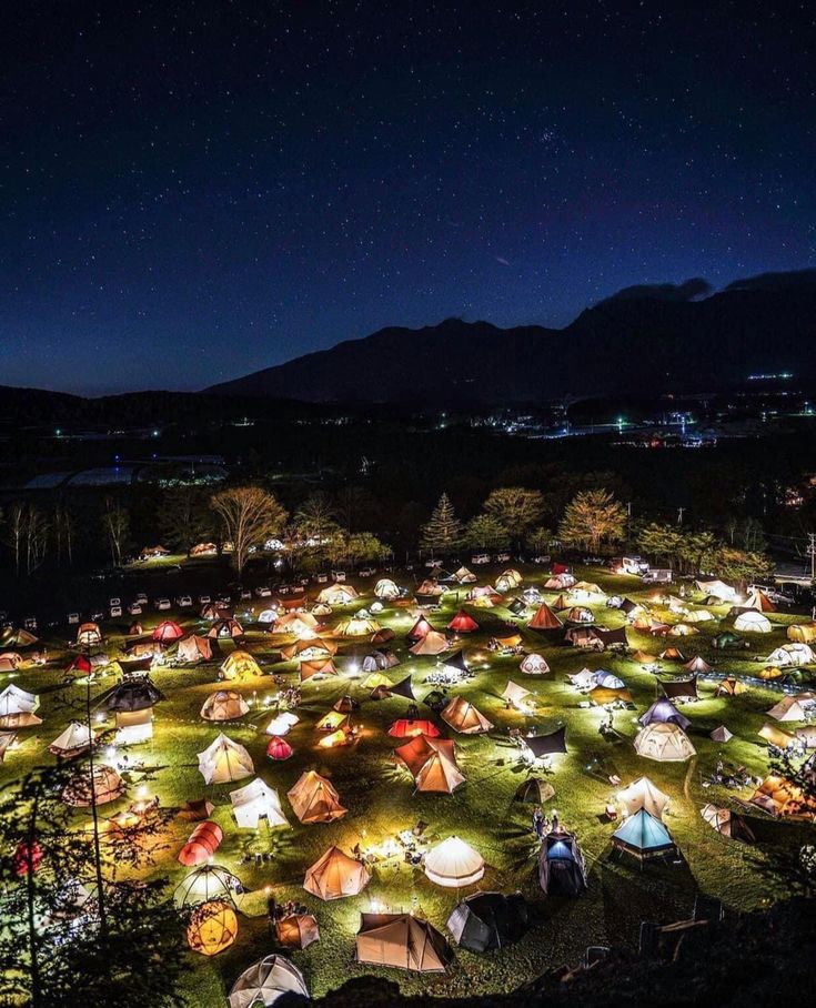 tents are lit up at night on the grass with mountains in the background and stars overhead