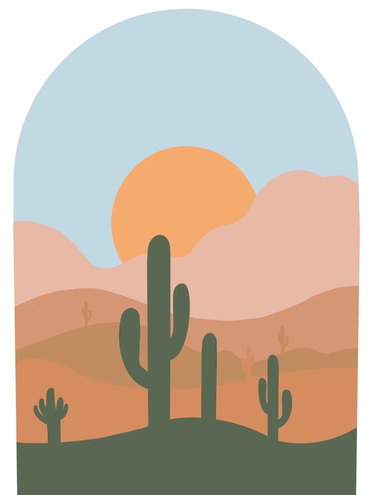 a desert scene with cactus trees and mountains in the background