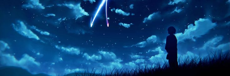 a person standing in the grass looking up at a bright star that is flying through the sky