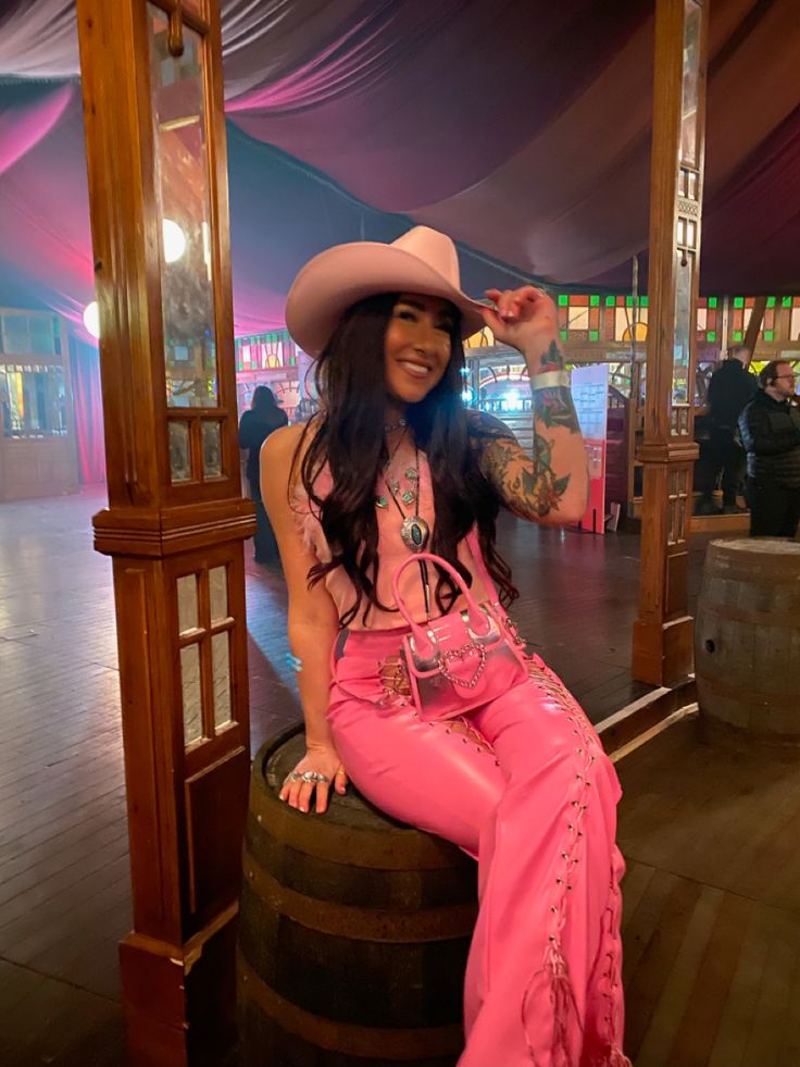 Pink Cowboy Outfits For Women, Pink Tejana, Pink Western Outfits Women, Pink Cowgirl Outfits Party, Cowgirl Pink Outfit, Pink Cowgirl Hat Outfit, Pink Rodeo Outfit, Pink Pony Club Outfit, Cowgirl Outfits Pink