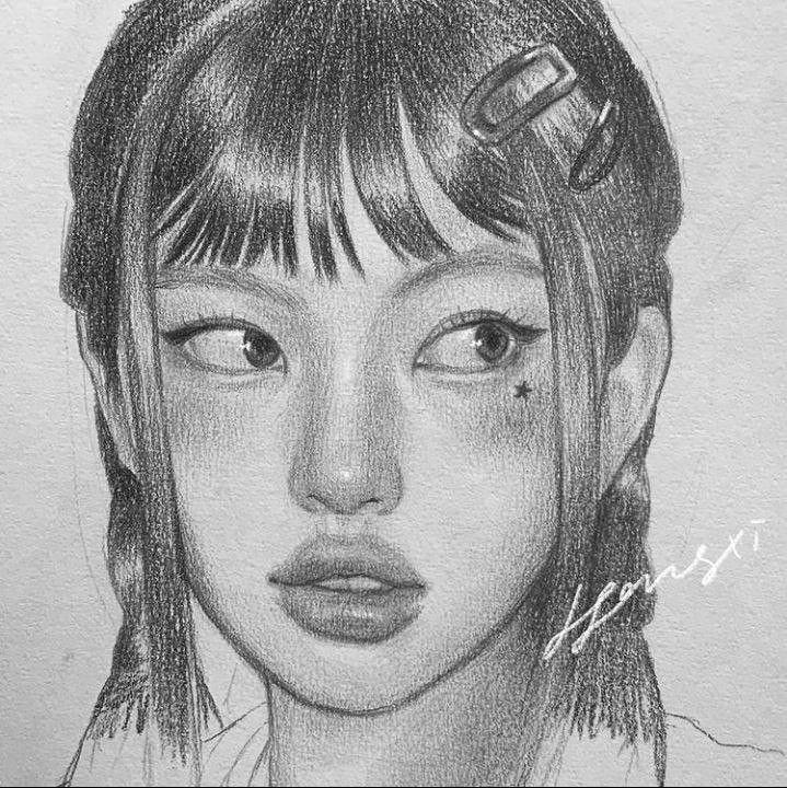 a pencil drawing of a girl with bangs and hair clips in her ears, looking straight ahead