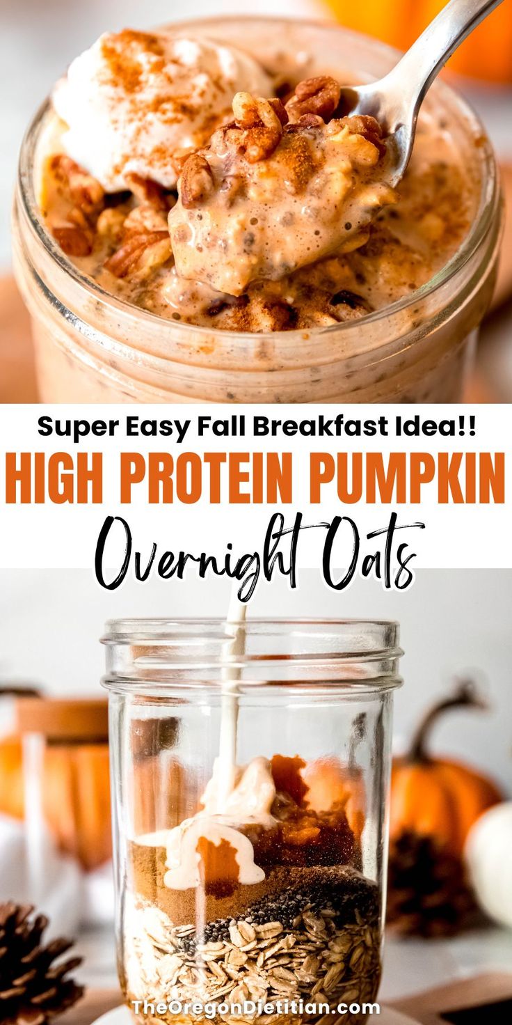 Craving a healthy fall breakfast idea that's quick & easy? These pumpkin overnight oats are packed with 27g of protein per serving, making them the perfect high-protein meal prep! Enjoy creamy oats mixed with pumpkin spice and chia seeds for a nutritious, filling start to your day. Ready in minutes, this recipe is ideal for busy mornings or post-workout fuel. Make a batch and have a week of delicious, protein-packed breakfasts ready! #easybreakfast #fallbreakfast Healthy Fall Breakfast, Creamy Oats, Overnight Oats Recipe Easy, Pumpkin Breakfast Recipes, Pumpkin Overnight Oats, Best Overnight Oats Recipe, Protein Overnight Oats, Chia Overnight Oats, Pumpkin Oats