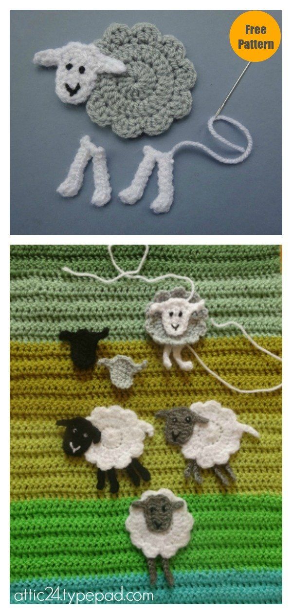 crocheted sheep and lambs are shown in two different pictures