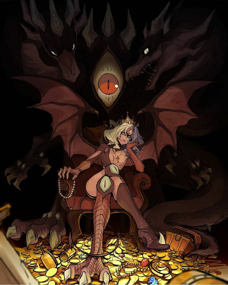 a woman sitting on top of a pile of gold coins next to a giant dragon