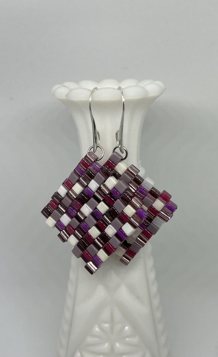 Handmade Miyuki cube earrings. Silver plated wire. The length is about 2 3/4 inches. The original Miyuki glass cubes can slightly vary in sizes which makes the earrings even more unique. Square Hypoallergenic Earrings For Gift, Hypoallergenic Square Earrings As Gift, Hypoallergenic Square Earrings For Gifting, Hypoallergenic Square Earrings For Gifts, Handmade Square Earrings For Gift, Square White Earrings For Gift, Rego Park, Cube Earrings, White Ceramic Tiles