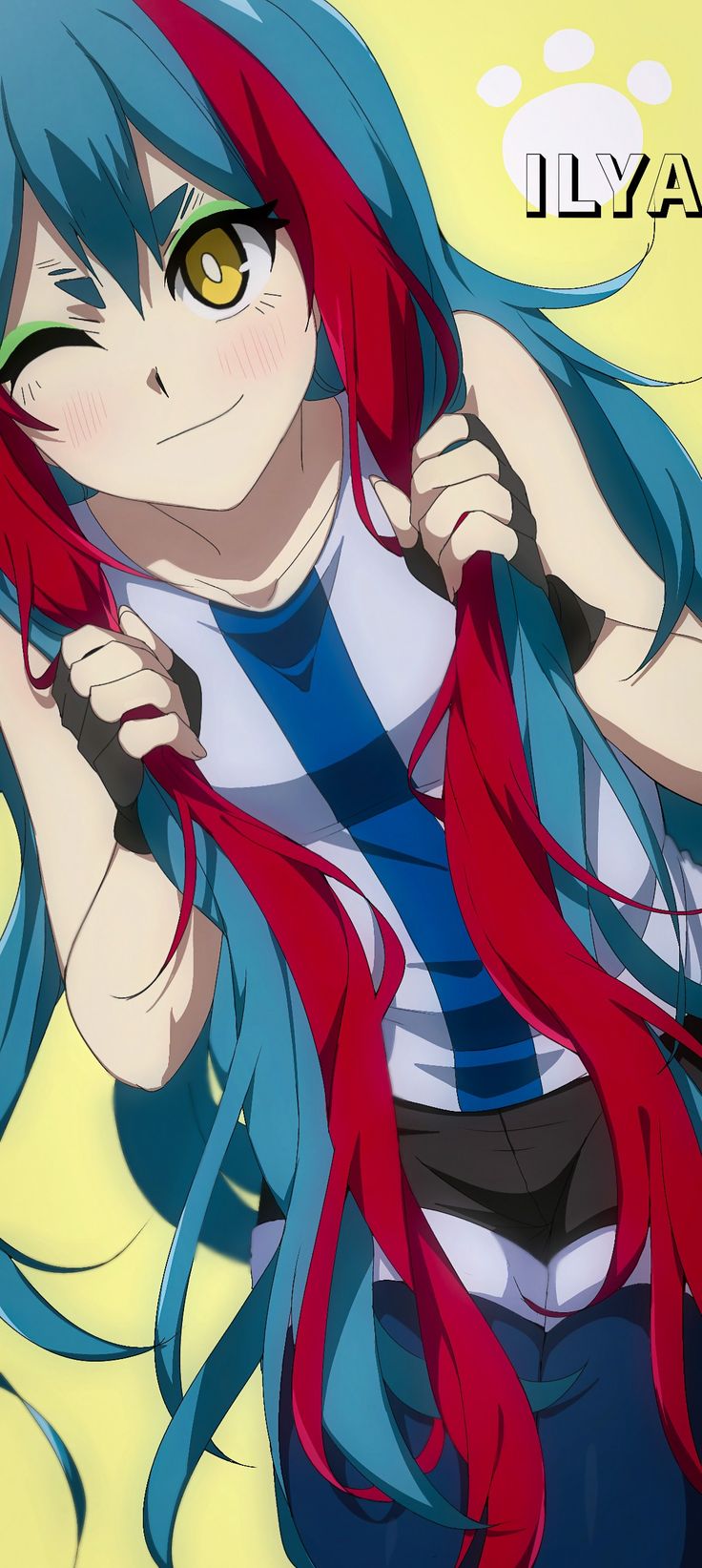 an anime character with long blue hair and orange eyes holding a red ribbon in front of her face