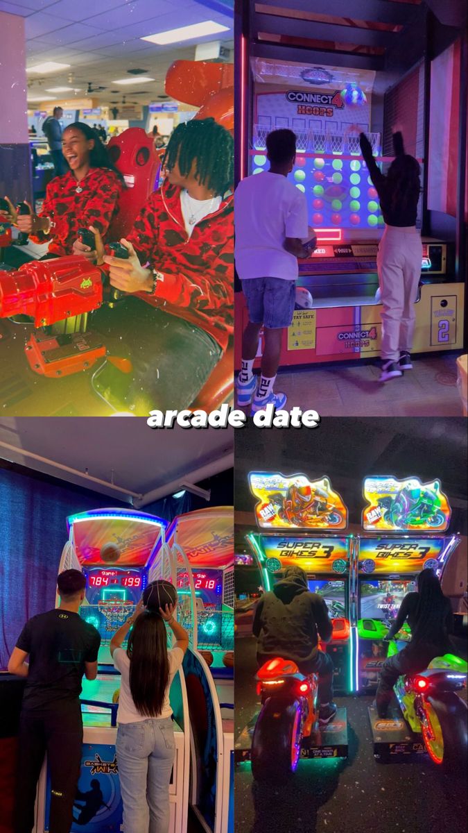 people playing video games at an arcade in the middle of two pictures, one with neon lights