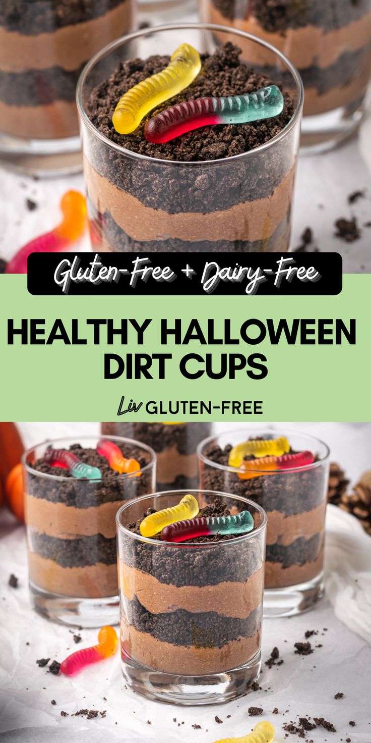 healthy halloween dirt cups with text overlay that says gluten free and dairy free