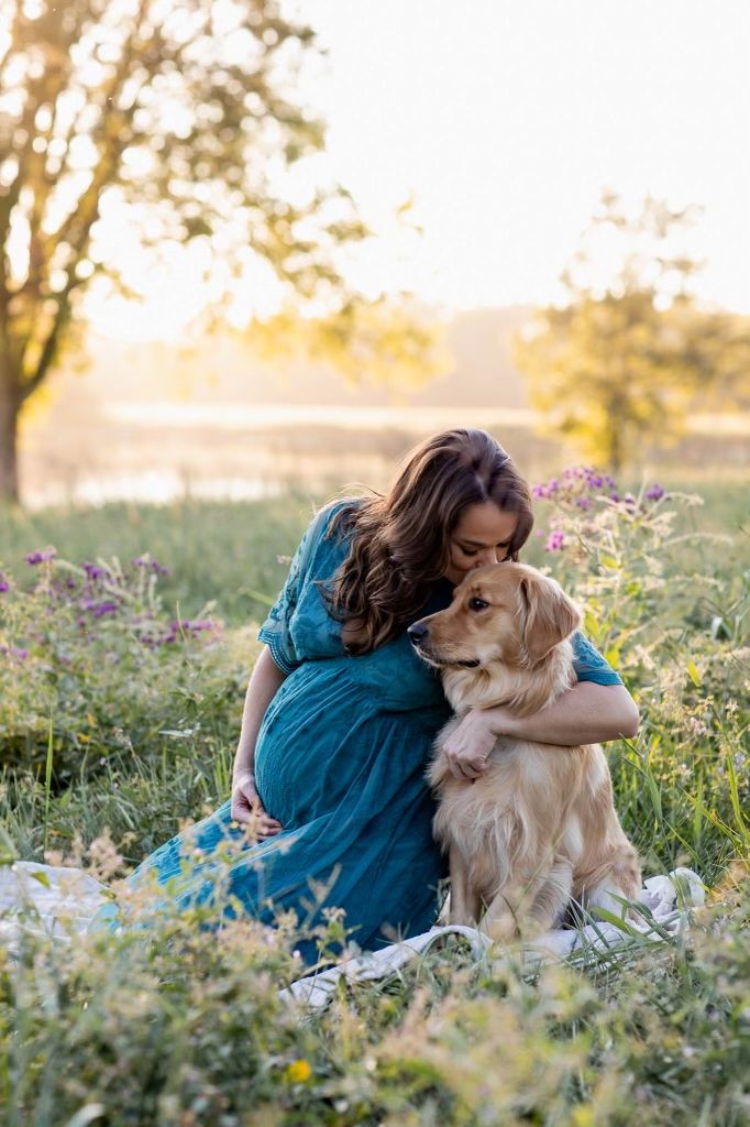 Golden retriever maternity photos in the fall Dog And Human Maternity Shoot, Maternity Dog Photos, Dog And Maternity Photos, Maternity Photoshoot Ideas With Dogs, Maternity Picture Prop Ideas, Maternity With Dog Photoshoot, Family Maternity Pictures With Dog, Couples Maternity Pictures With Dog, Dogs In Maternity Photos