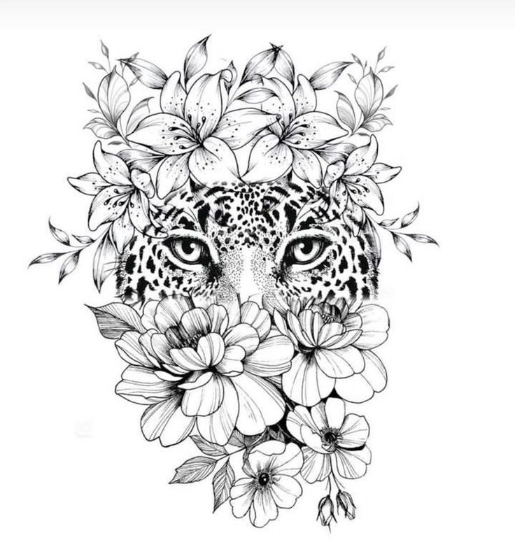 a black and white drawing of a leopard's face with flowers on its head