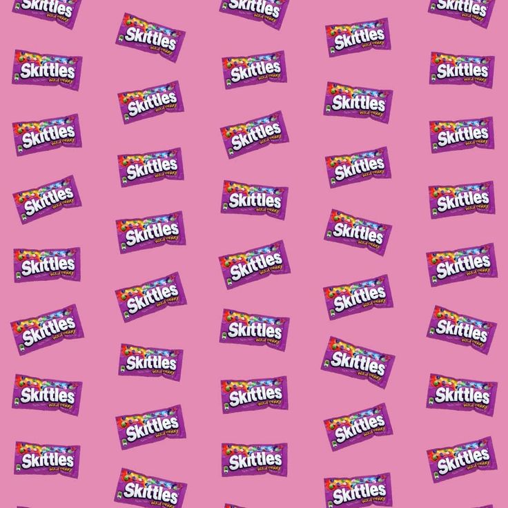 a pink background with the word skittles on it and many different types of candy bars