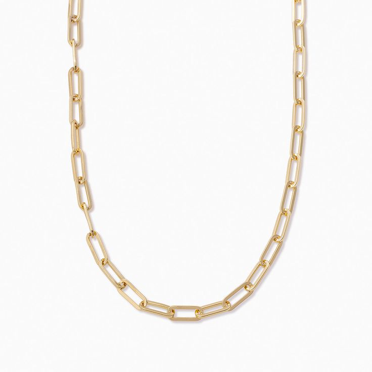 A clean, modern, and cool take on the chain trend, our Linked Up Necklace is one of our favorite statement pieces of the season. A classic paperclip link chain in 14k gold. Trendy Paperclip Chain Jewelry, Minimalist Chunky Chain Oval Link Jewelry, Minimalist Chunky Chain Jewelry With Oval Links, Classic Metal Chain Necklace For Everyday, Modern Paperclip Chain Jewelry, Minimalist Gold Paperclip Chain Necklace, Minimalist Yellow Gold Paperclip Chain Necklace, Chic Paperclip Chain Necklace With Chunky Chain, Chic Jewelry With Paperclip Chain Link