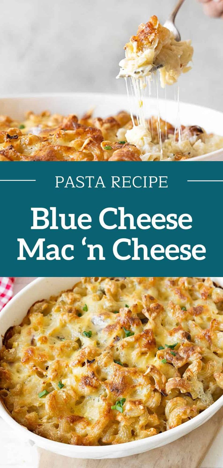 blue cheese mac'n'cheese casserole is being lifted with a spatula