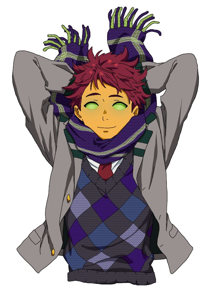 an anime character with red hair wearing a sweater and tie