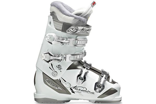 the ski boots are white and have silver accents