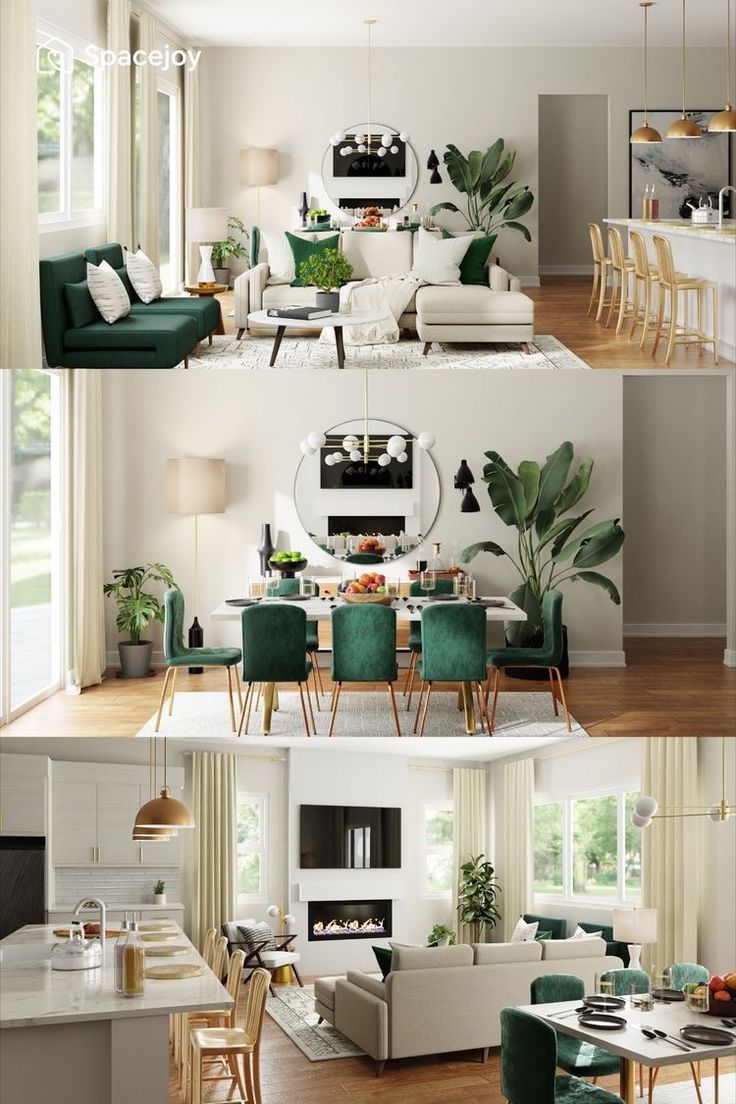 three pictures of the same living room and dining area in different rooms, each with green chairs