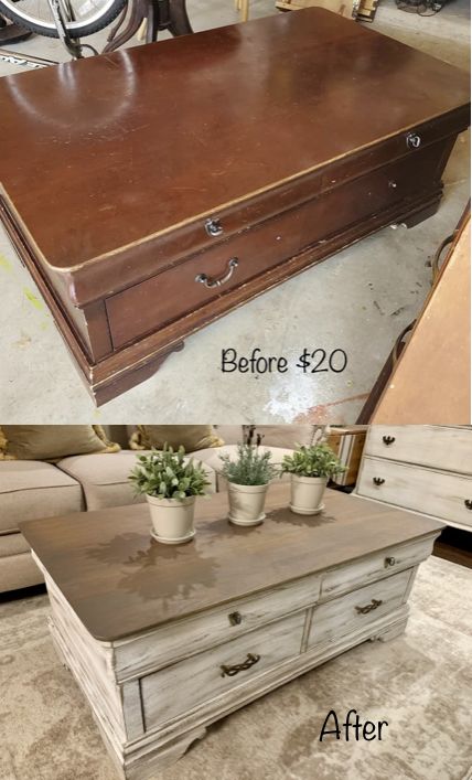 before and after photos of an old dresser turned into a coffee table with flowers on top