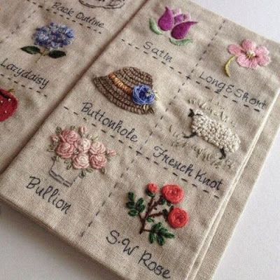 two hand embroidered napkins with flowers and words on them, one is for someone to sew