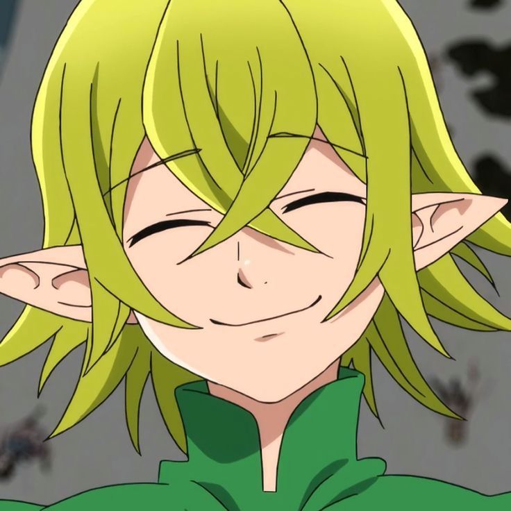 an anime character with blonde hair and green eyes looks at the camera while wearing a green hoodie