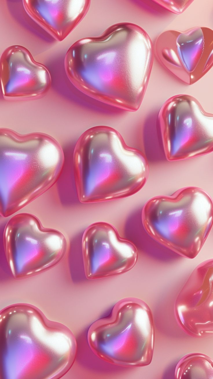 many shiny hearts are arranged on a pink and purple background with the light reflecting off them