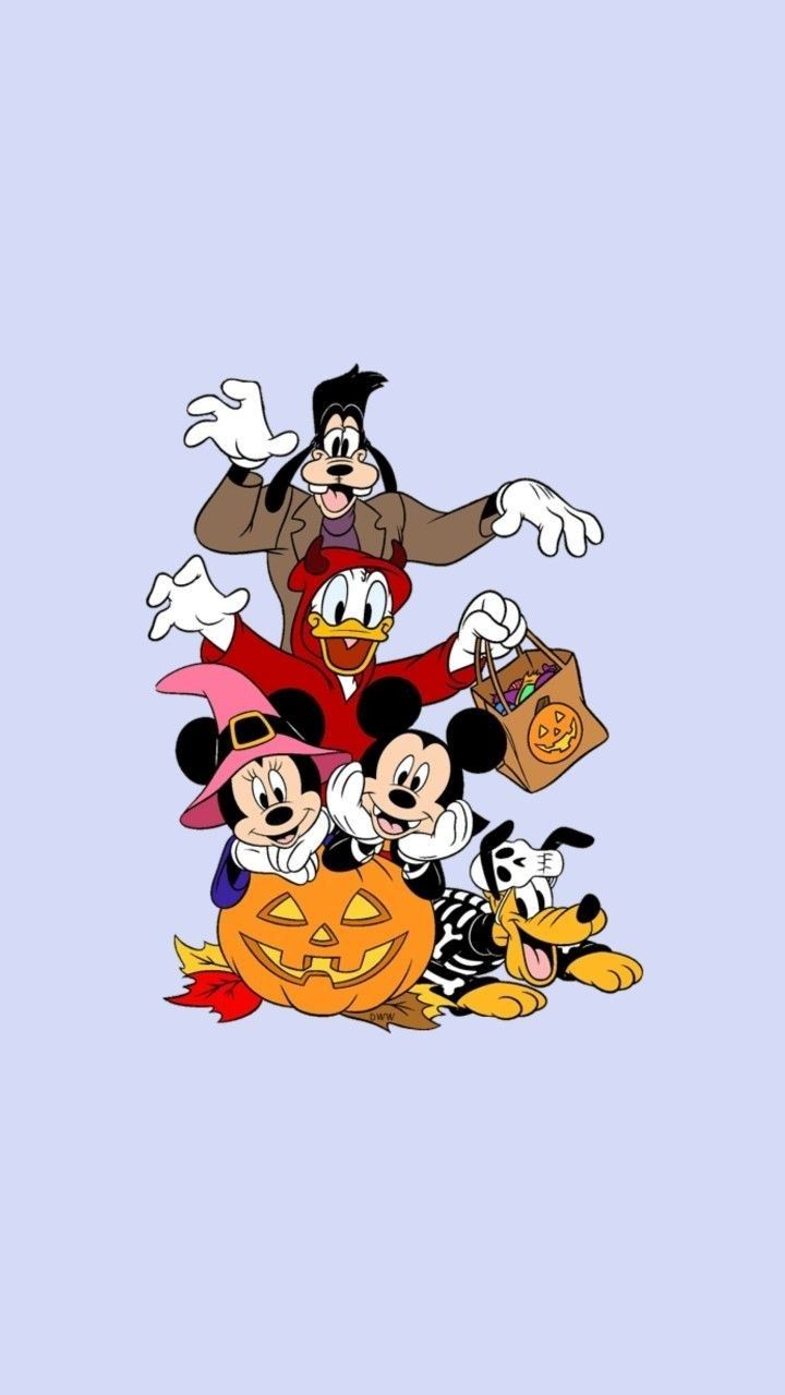 mickey mouse and other disney characters with pumpkins