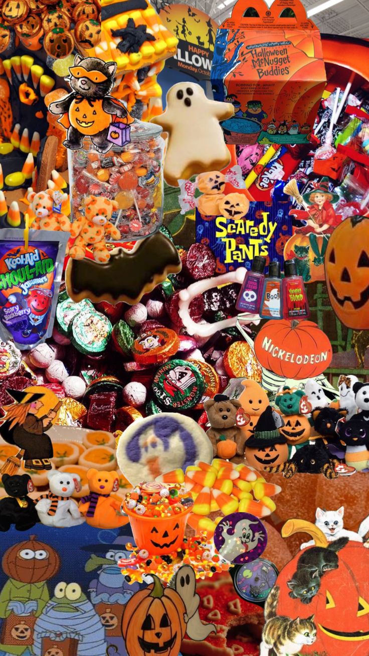 an assortment of halloween themed items on display