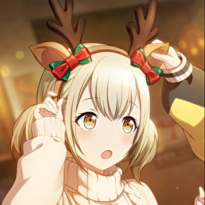 an anime character wearing reindeer antlers on her head and pointing to the side with both hands