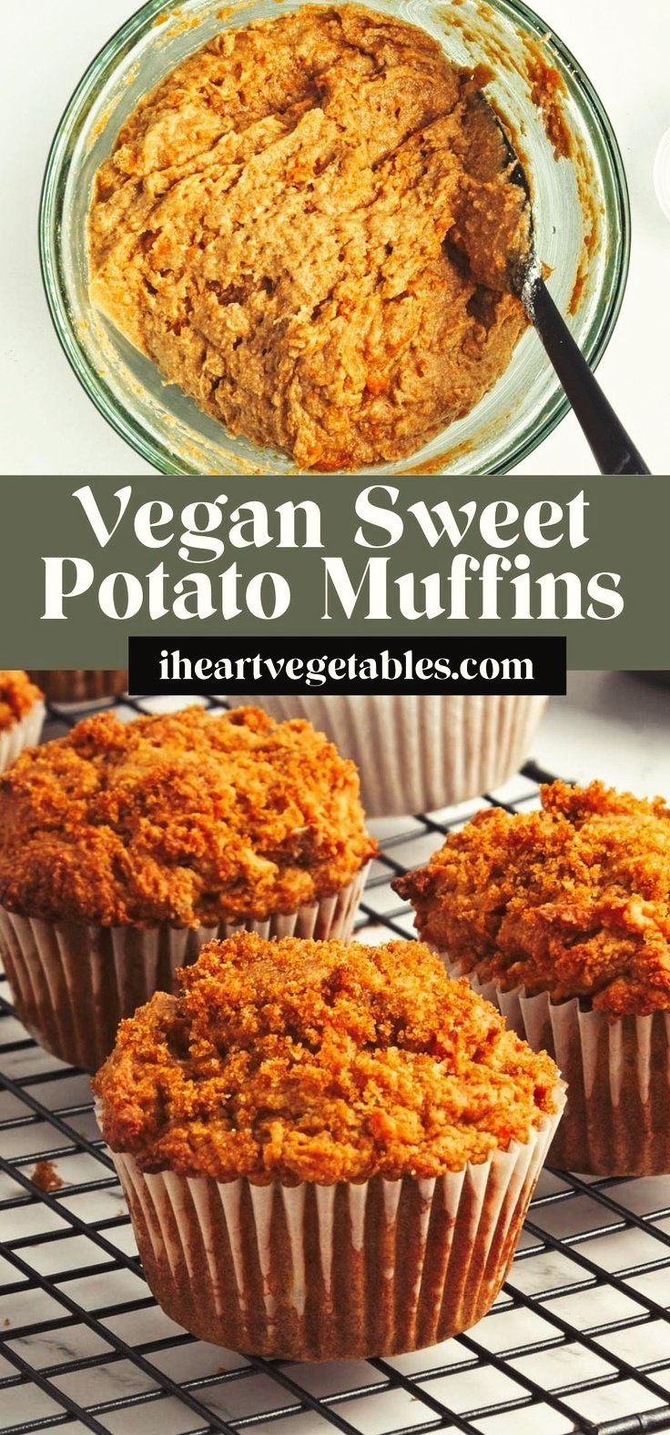 vegan sweet potato muffins on a cooling rack with the title above it