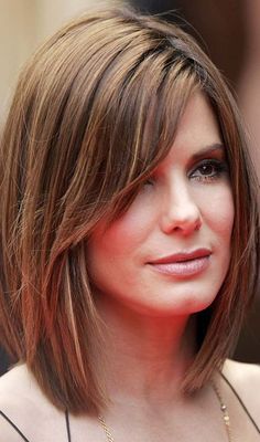 Medium Brown Bob Hairstyles, Straight Lob With Bangs Side Swept, Woman In Their 40's Pictures, A Line Bob Short Stacked Round Faces, Best Hairstyle For Long Face Women, Bangs For Long Face Shape, Short Hair For Long Face Shape, Sandra Bullock Hairstyles, Flattering Hairstyles For Long Faces