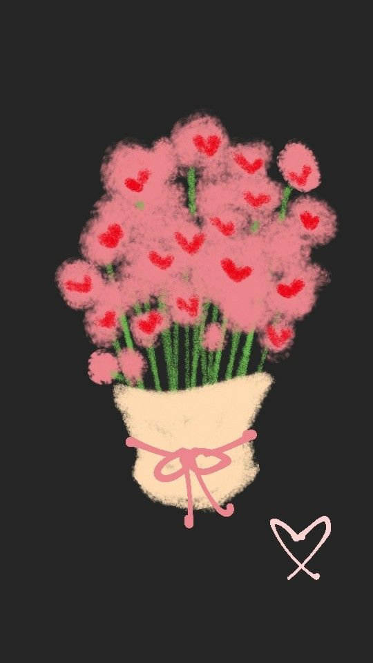 a drawing of pink flowers in a white vase with hearts drawn on the wall behind it