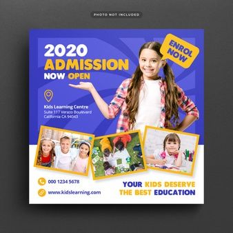 a blue and yellow flyer for a school with pictures of children in the back ground