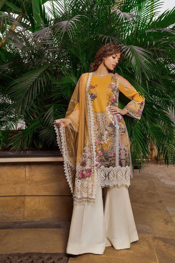 Pakistani Lawn Suit By Sonia Nazir In Beautiful Yellow Gold Color.Work Embellished With Three D Prints Hevey Multi Threads Embroidery And Daman Cutwork Patches. 1.%100 Accurate Measurement & Fitting.(Please Ask Us Your exact measurement)2.All Dresses are Manufactured designs/Cutting/stitching Under The Supervision of Our Qualified designers.3.We Deliver On Time.4.Made with High Quality Fabric & stitching With overclock & Beautiful hamming as per customer's Selected Fabric.5.You Can C Pakistan Outfits, Asian Fits, Asian Attire, Pakistani Wear, Brown Clothes, Casual Kurti, Sobia Nazir, Pakistan Dress, Desi Dress