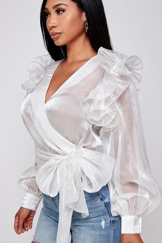 White Ruffle Surplice Blouse Moon Outfits, White Ruffle Shirt, Surplice Blouse, Black Women Style, Glitter Blouse, Blouses Long Sleeve, Royal Closet, Feminine Blouses, Blouse Sale