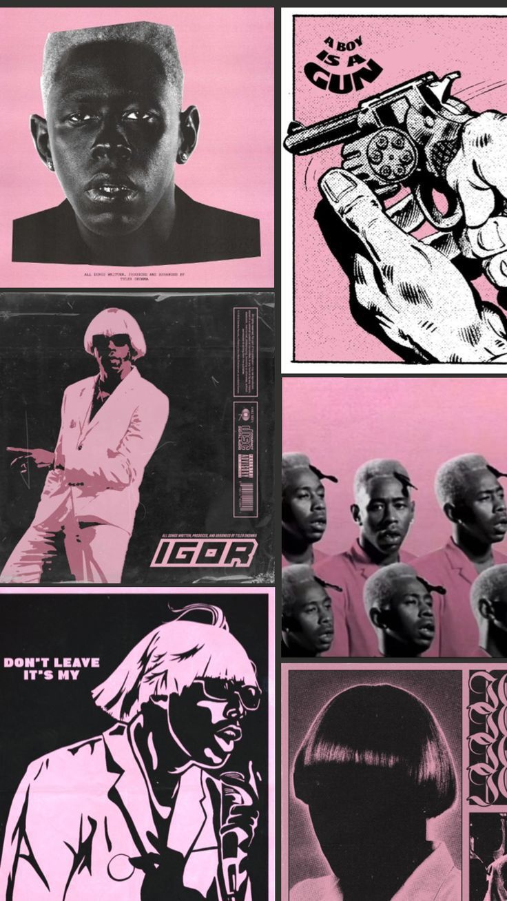 various black and pink posters with different images on them, including an image of a man's head