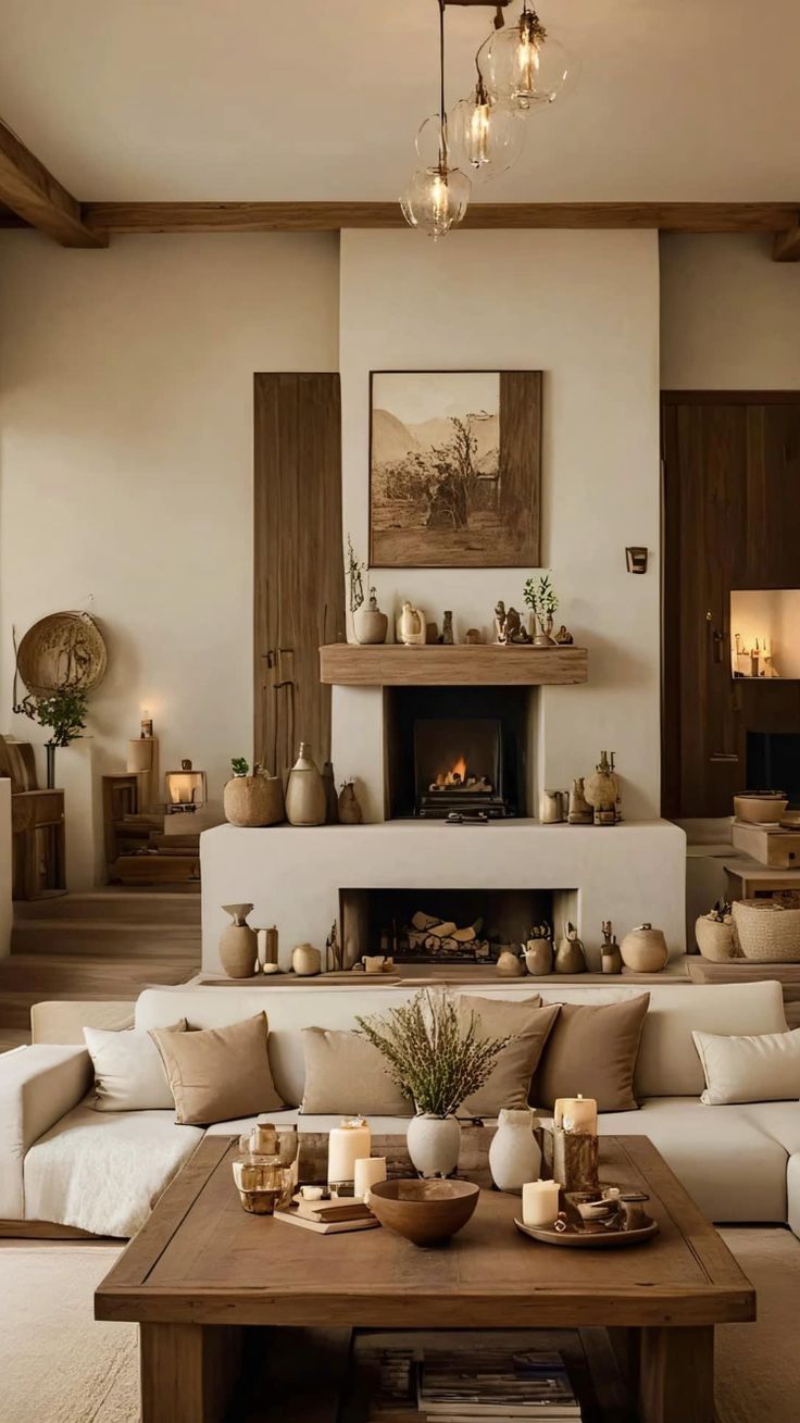 a living room filled with furniture and a fire place in the middle of the room