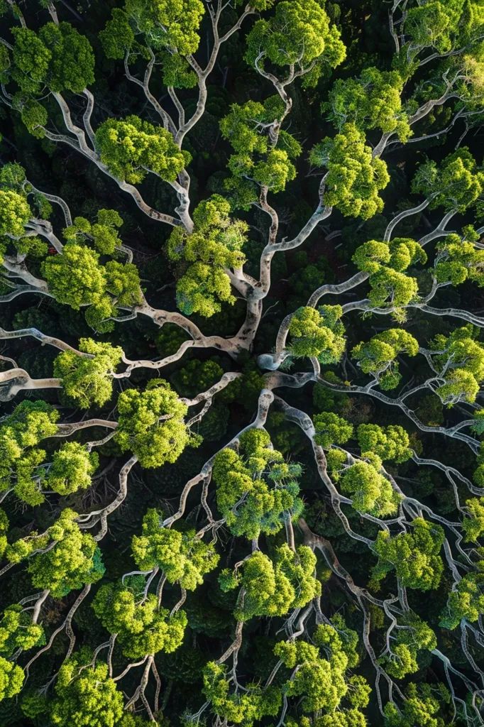 an aerial view of trees in the middle of a forest with lots of green leaves