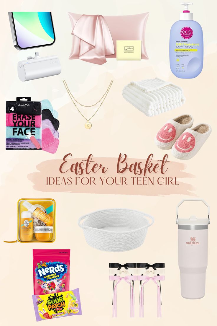 the easter basket ideas for your teen girl is on display in front of a pink background