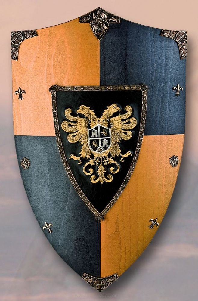 a black and gold shield with an eagle on it