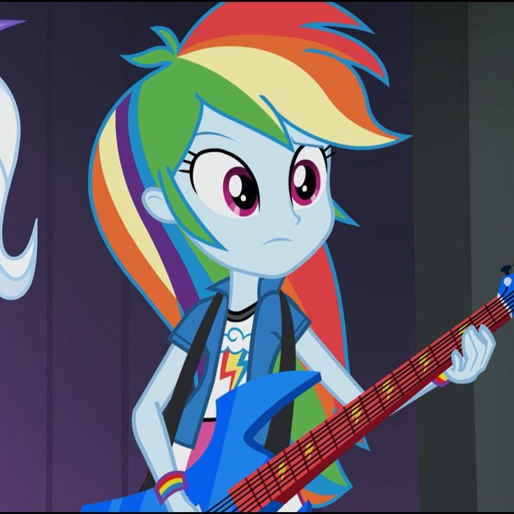 the pony is playing an electric guitar in front of a rainbow - haired girl with long hair