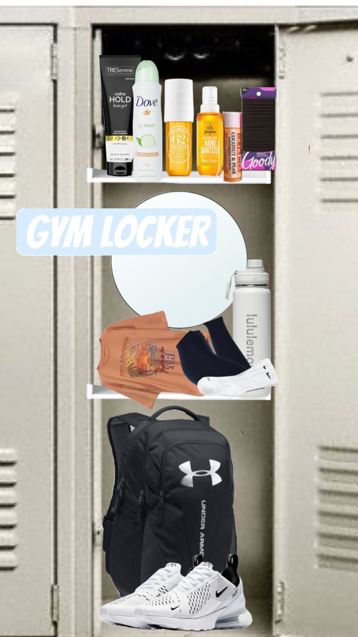 Pe Locker Essentials, Gym Locker Organization, Locker Essentials, Middle School Essentials, School Backpack Essentials, Sports Locker, Middle School Survival, Backpack Ideas, Locker Organization