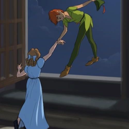 an animated image of a woman reaching for a man's leg in the air